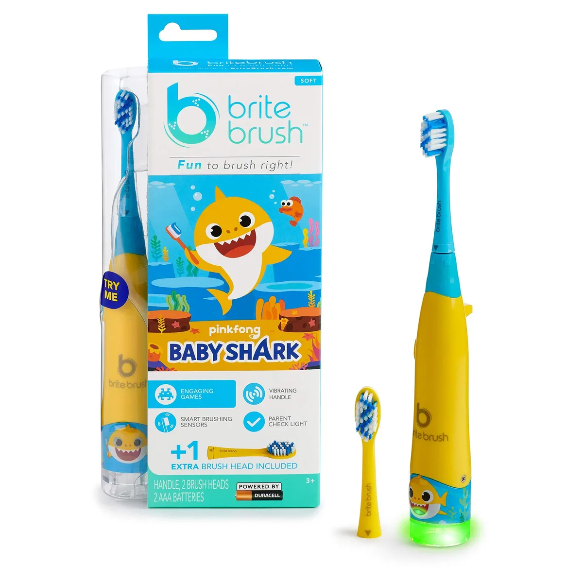 Colourful Baby Shark smart toothbrush with soft bristles and vibrating handle