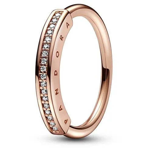 Pandora Signature I-D Pave Ring in 14k rose gold plated finish with round-square profile and pave row