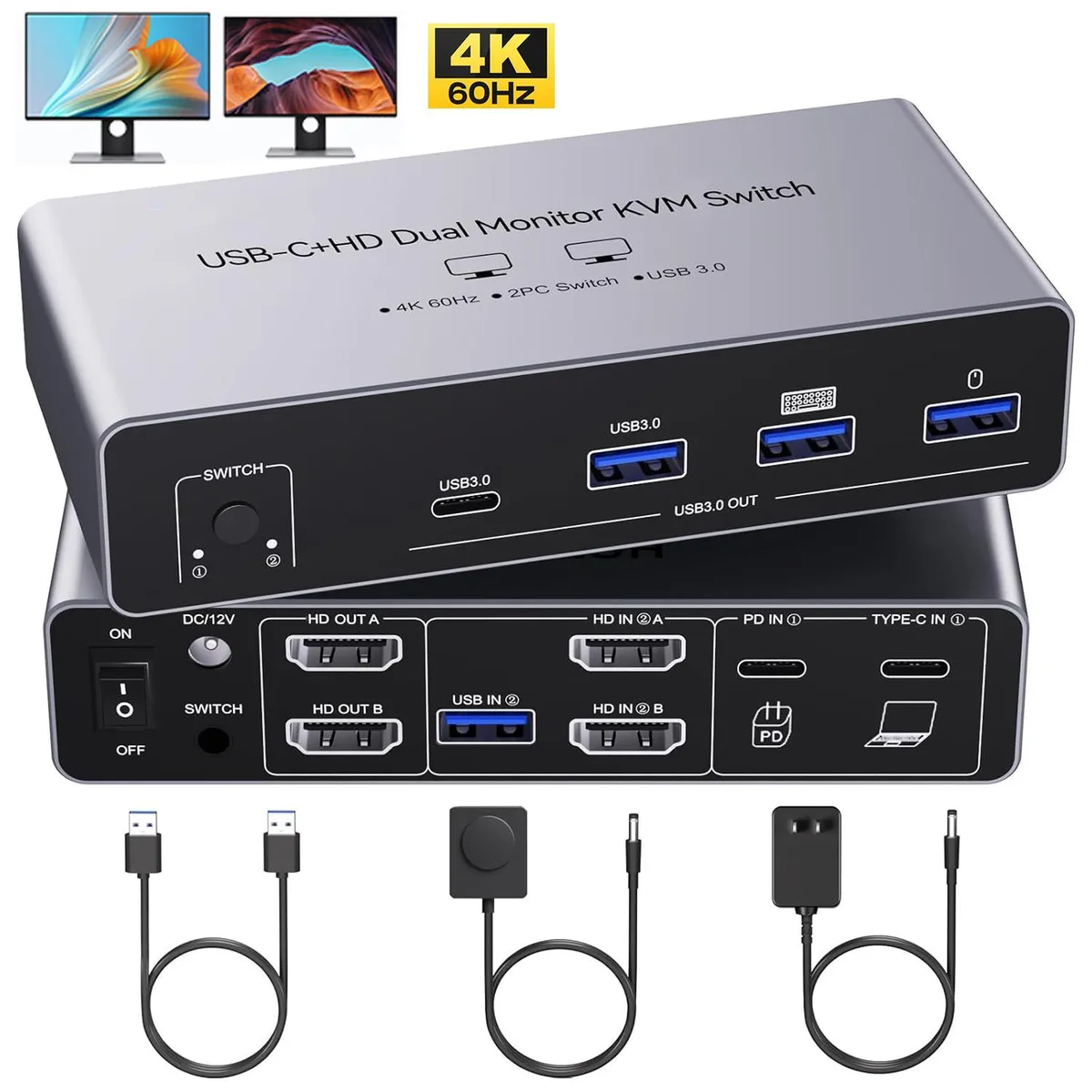 WRIARICH WRIARICH C201H KVM Switch 2 Monitors 2 Computers USB-C HDMI 4K 60Hz PD — product photo