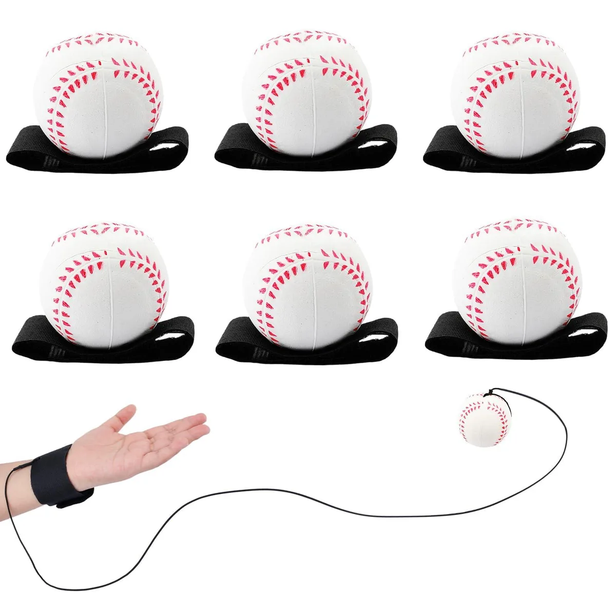 Six white rubber baseballs on elastic cords with wrist straps
