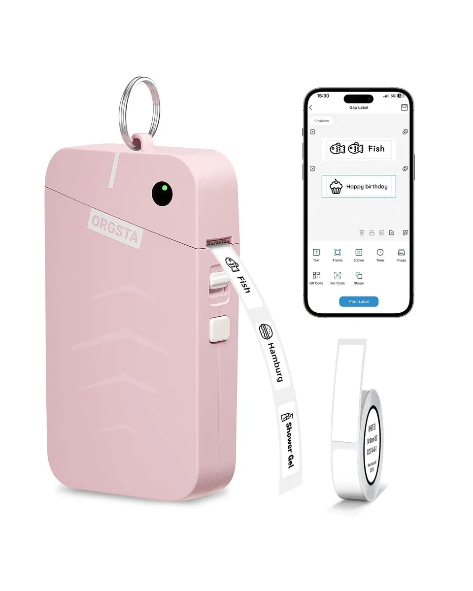 Compact pink thermal label printer with metal ring, pocket-sized form factor, Bluetooth connectivity