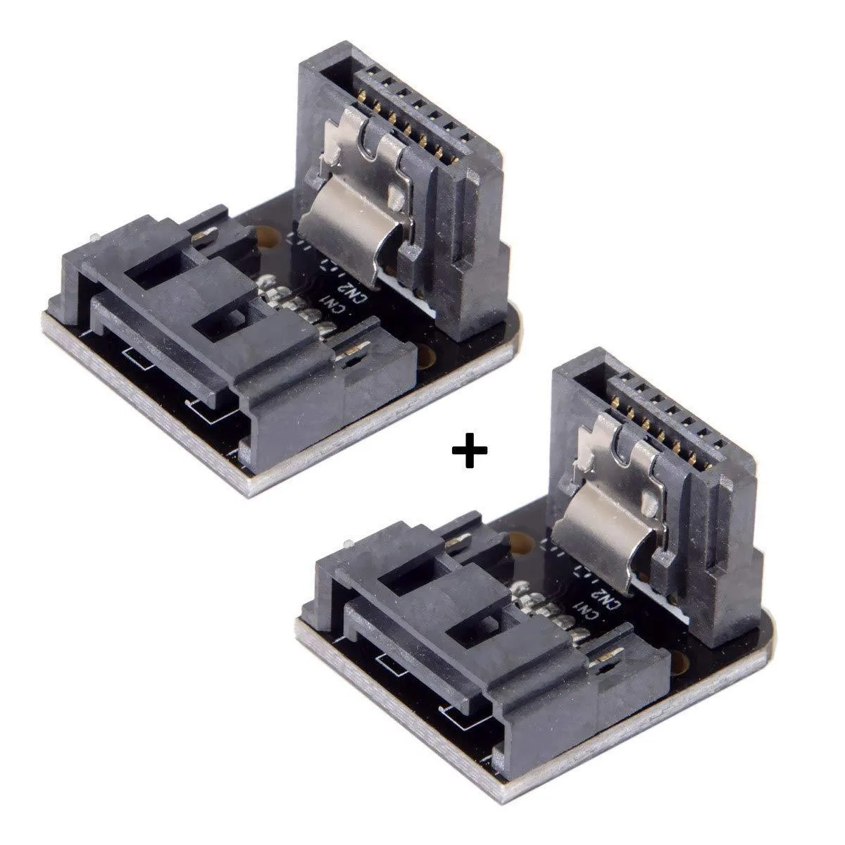Two black right-angled SATA adapters, one up-angled and one down-angled