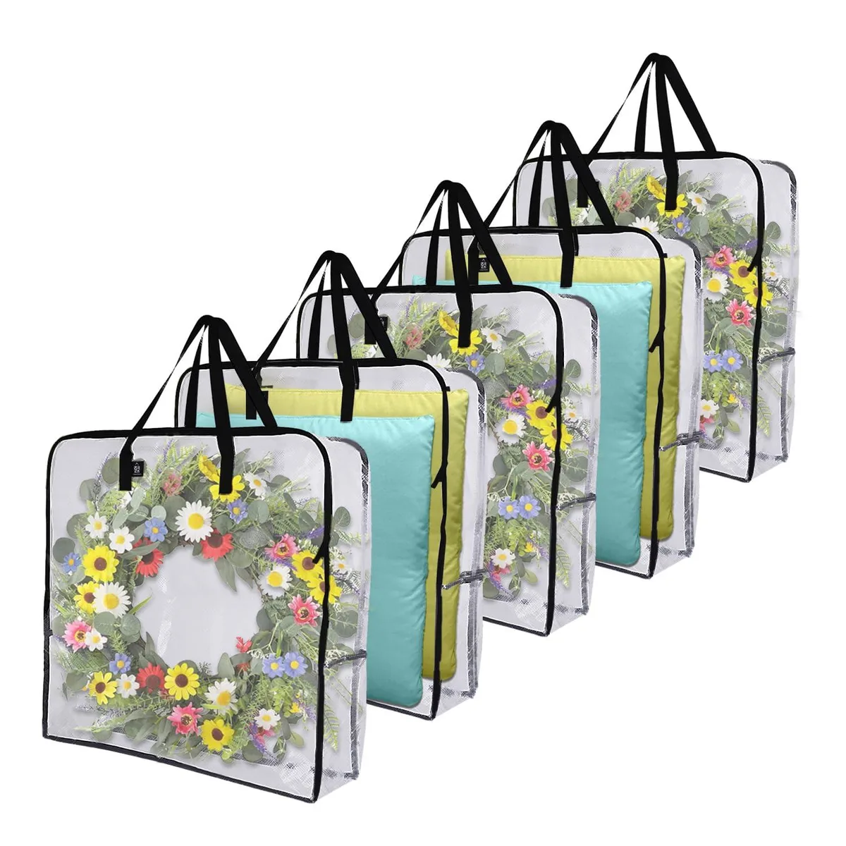 Five square translucent woven bags with reinforced handles and dual zippers, each sized for a 30 inch wreath