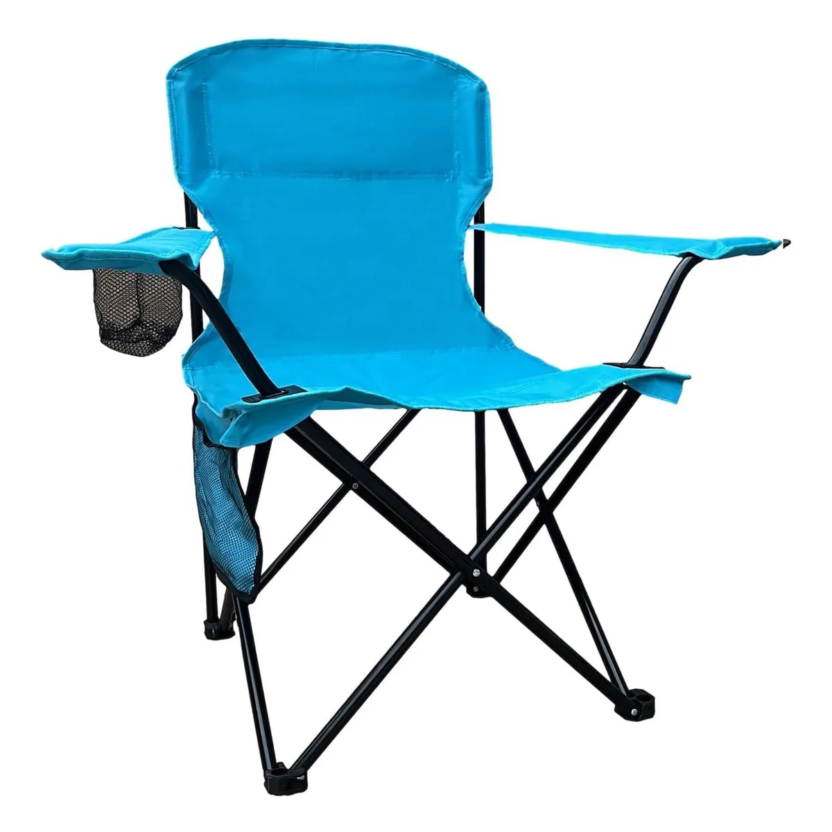 Blue folding camping chair with mesh back and metal frame, folded compact showing carry bag and cup holder attachment