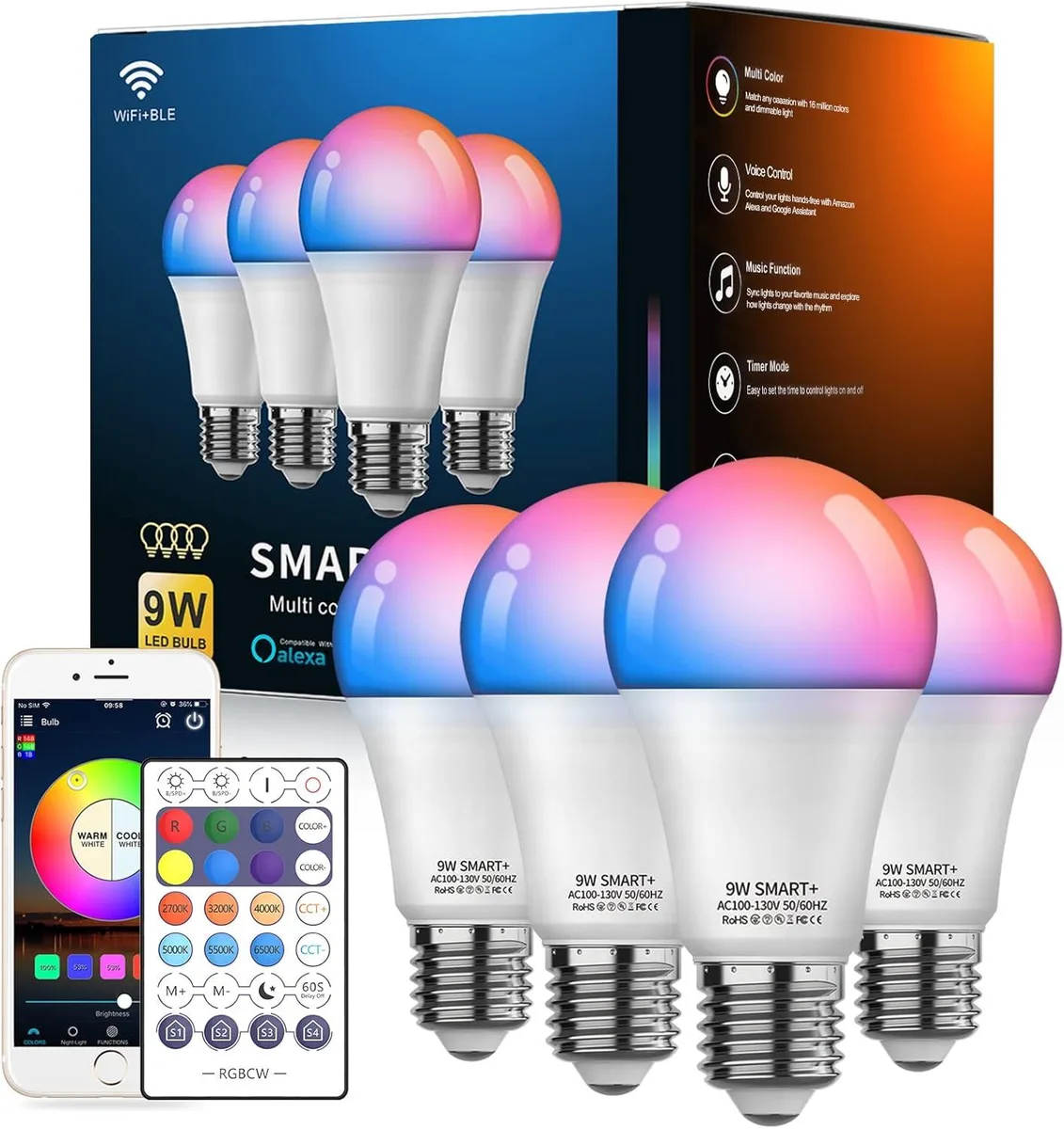 Adiven Adiven Smart Light Bulb 4-Pack with Remote A19 E26 800LM — product photo