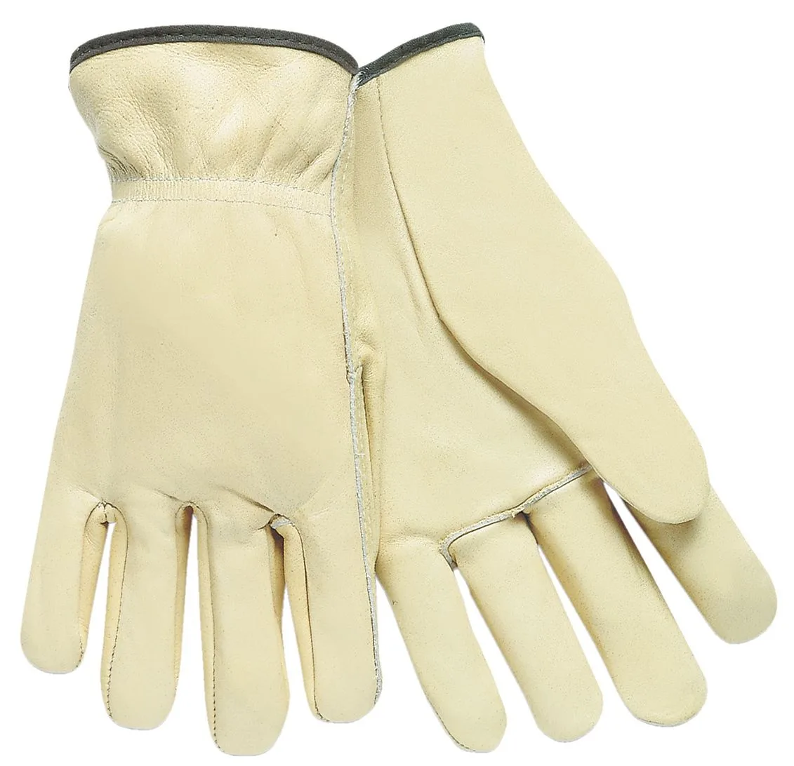 A dozen pairs of new leather drivers gloves with straight thumbs and shirred cuffs