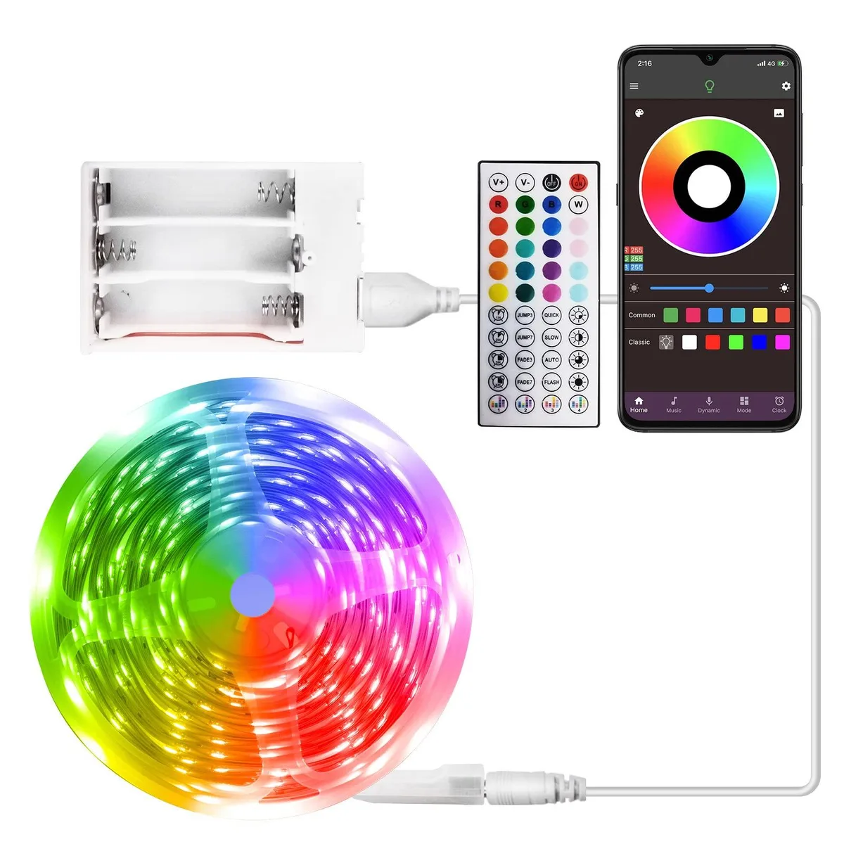 20ft battery-powered RGB LED strip light on blue wire, plastic housing, app and remote controlled