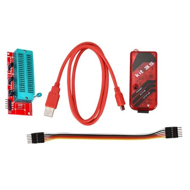 Red plastic and metal PICKit 3.5 programmer with ICD2 adapter