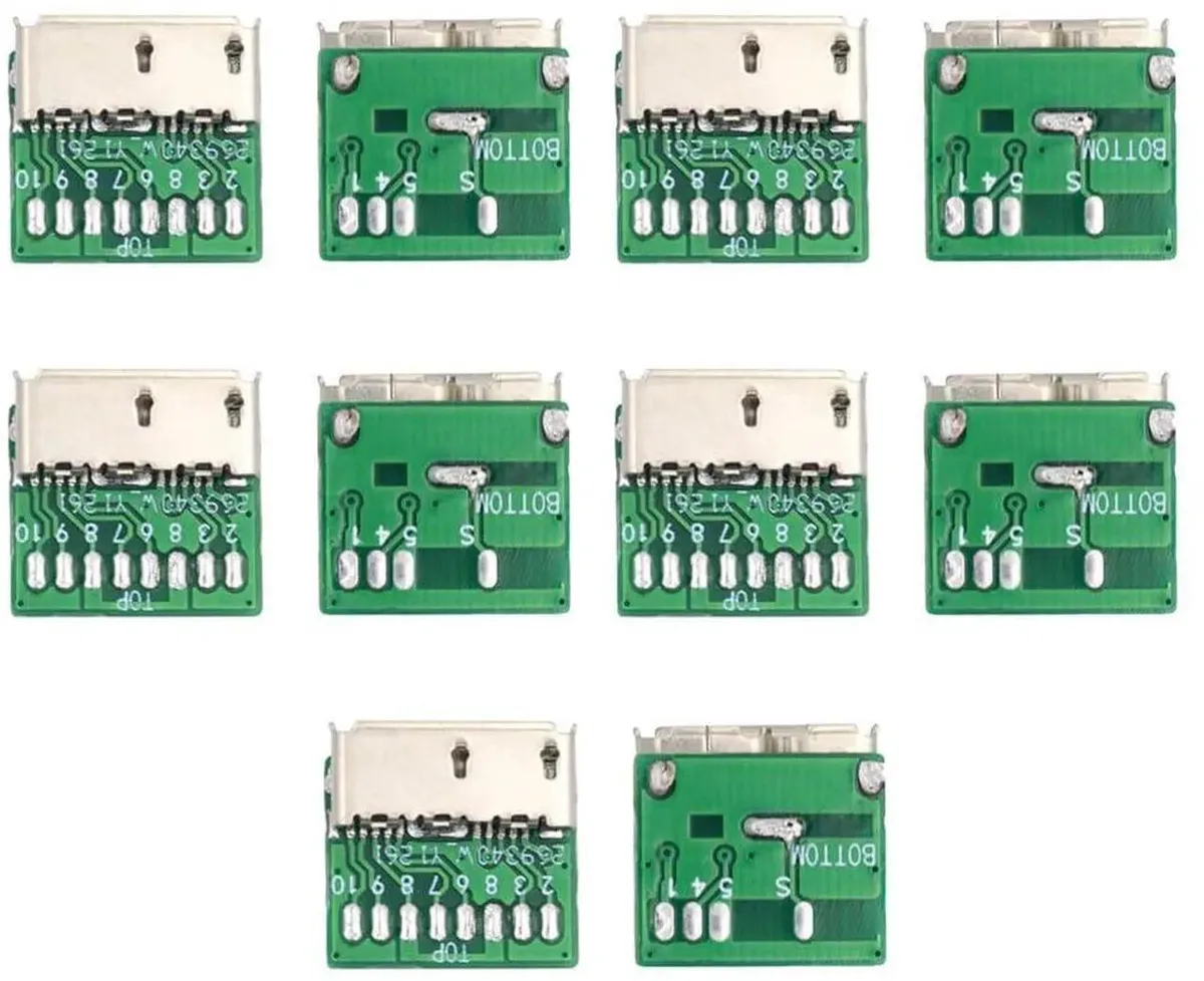Ten small Micro USB 3.0 female sockets mounted on individual green PCB boards, gold contacts visible, loose in a pack