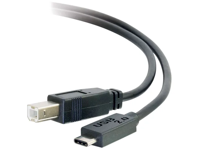 Black USB-C to USB-B cable, three feet long