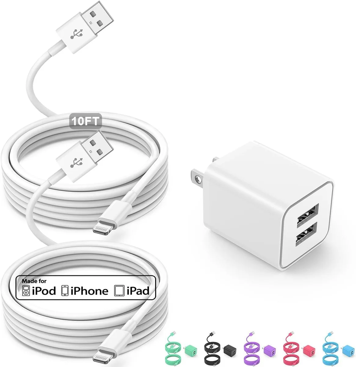 ONITOON ONITOON USB Wall Charger and Lightning Cable 2 Ports 10FT White — product photo