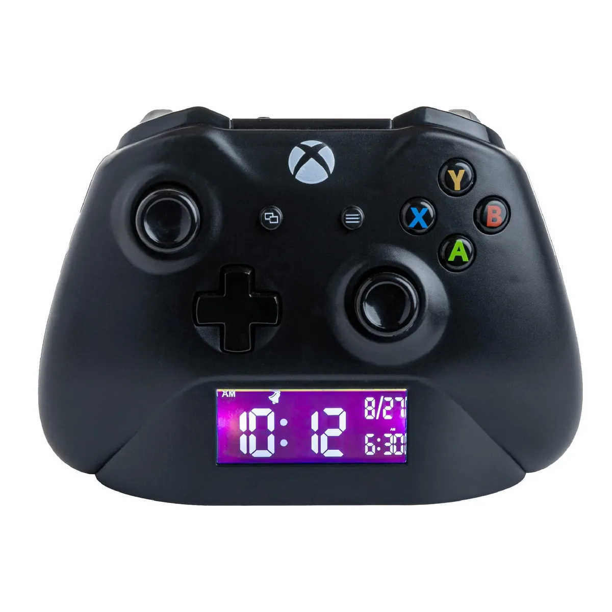 Black Xbox controller shaped alarm clock, 15 cm wide, matte finish with reverse LED display