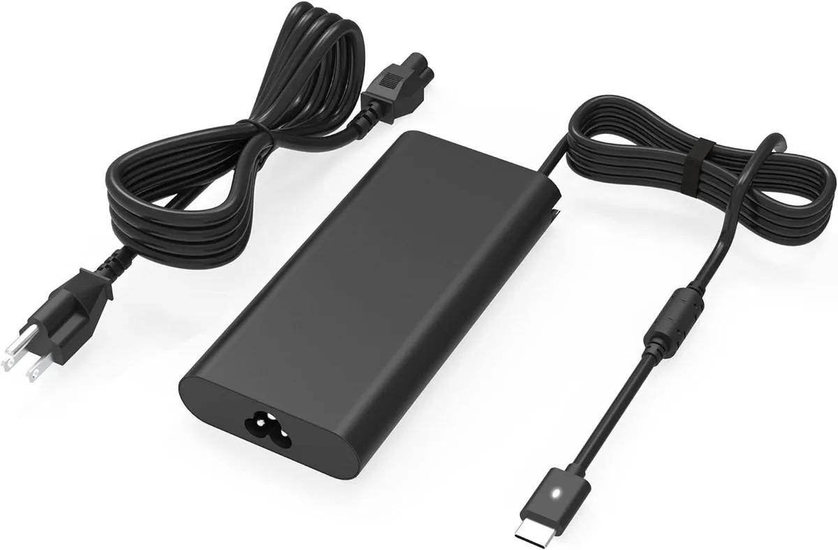 Black rectangular 130W USB-C power adapter with detachable cable