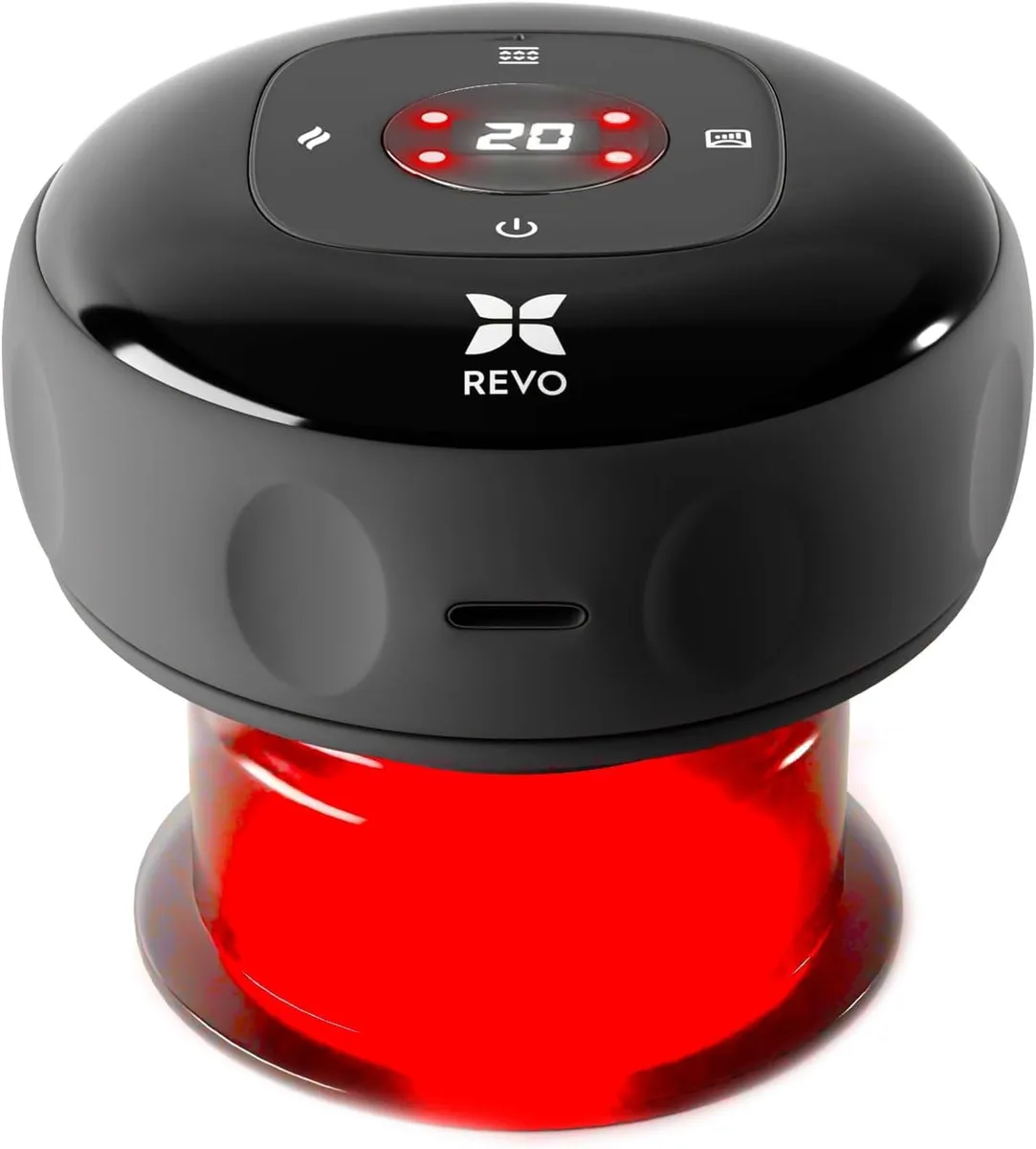 Black handheld cupping device with smooth rounded edges and LED indicator light