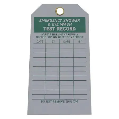 Pack of 100 Brady emergency shower and eye wash test tags on cardstock with wire fasteners