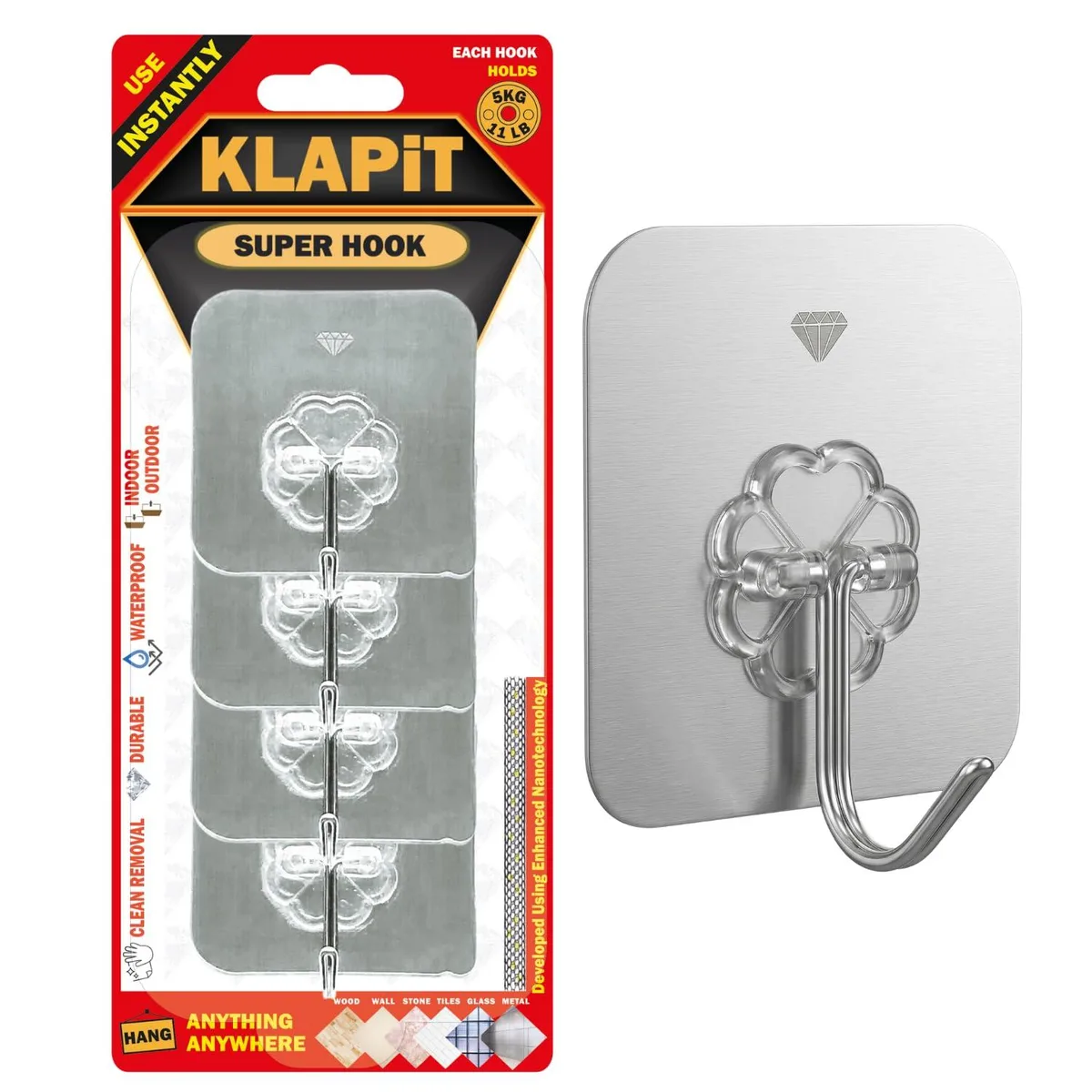 Four silver stainless steel adhesive wall hooks, 2.4 inches square, 11 lb capacity