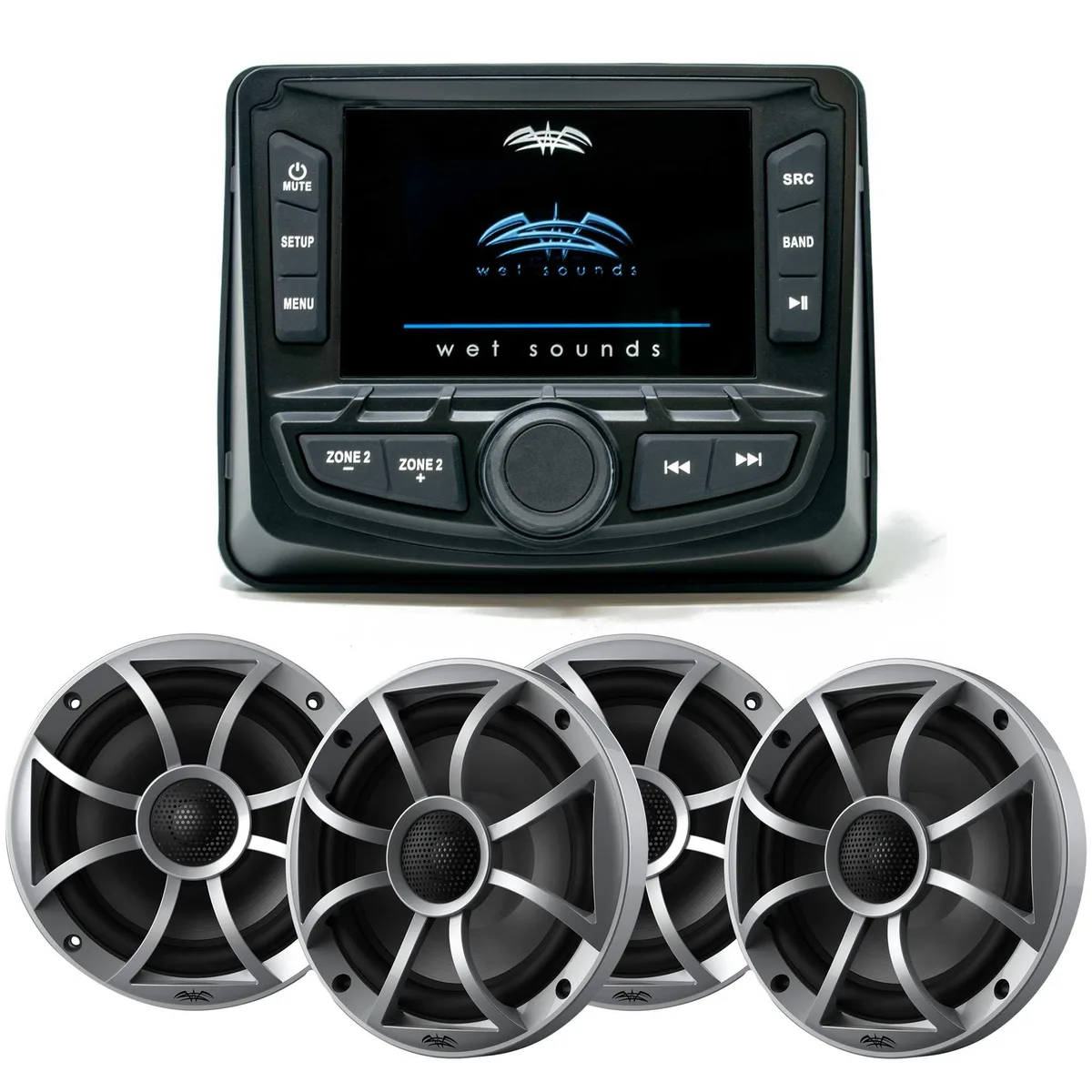 Wet Sounds Wet Sounds WS-MC-2 Marine Radio with 2 Pairs RECON 6-S 6.5" 60W Speakers Silver Grille — product photo
