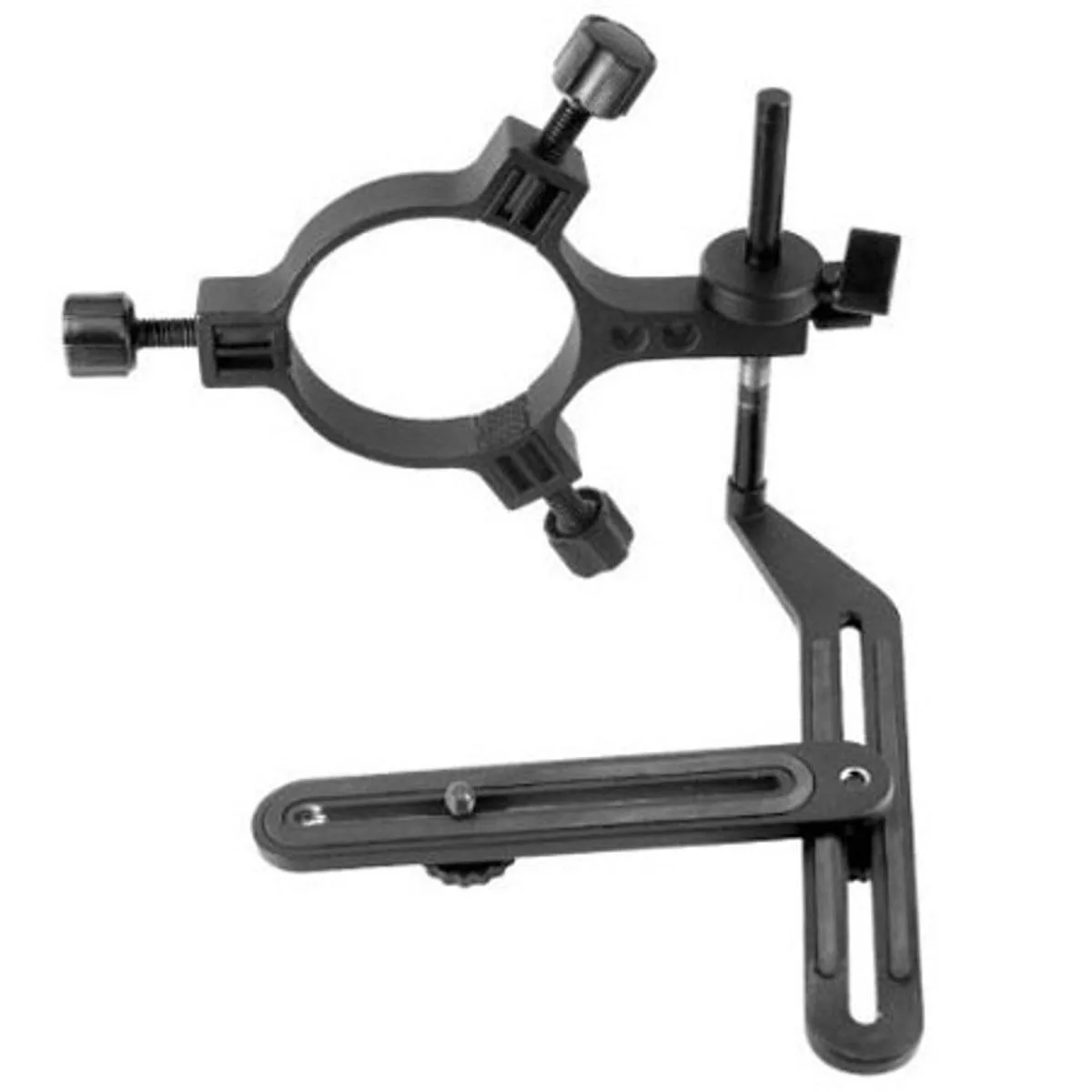 Black telescoping digiscoping adaptor with extendable arm and eyepiece mount