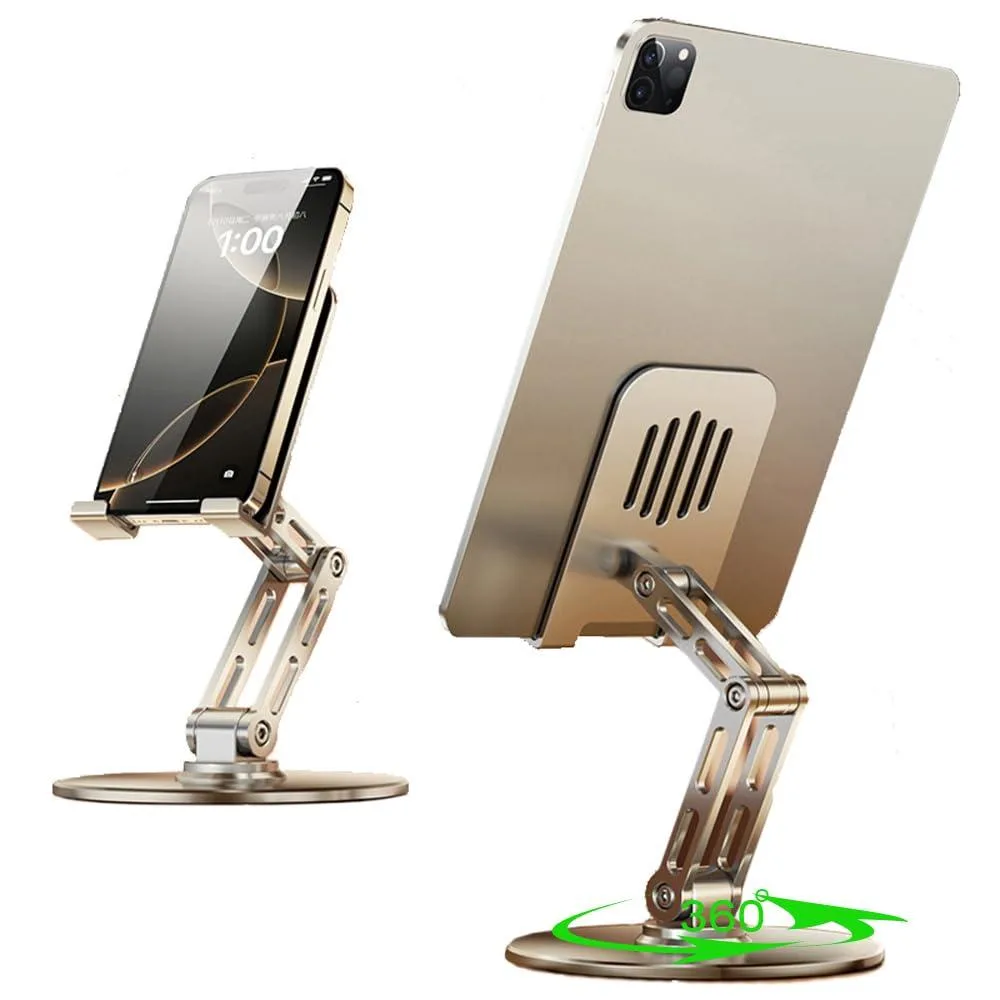 Silver aluminium tablet stand with 360-degree rotating base and adjustable arms
