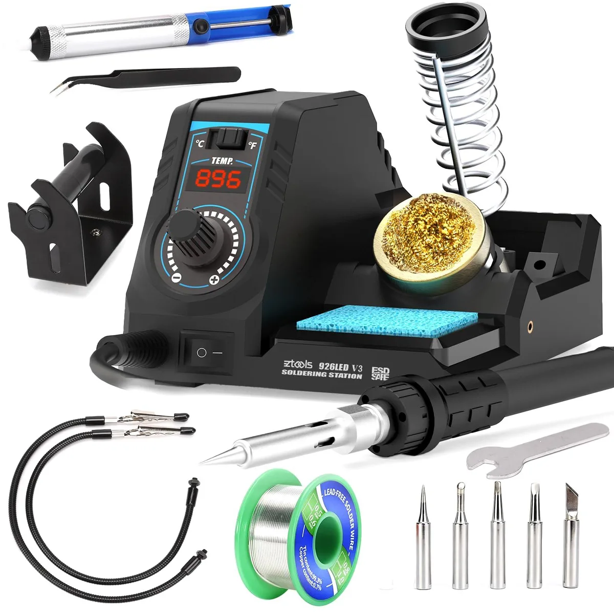 Black compact soldering station with integrated holder, tip cleaner, helping hands and LED display