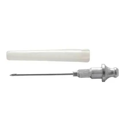 Slender metal injector needle with quick-connect tip and plastic holder