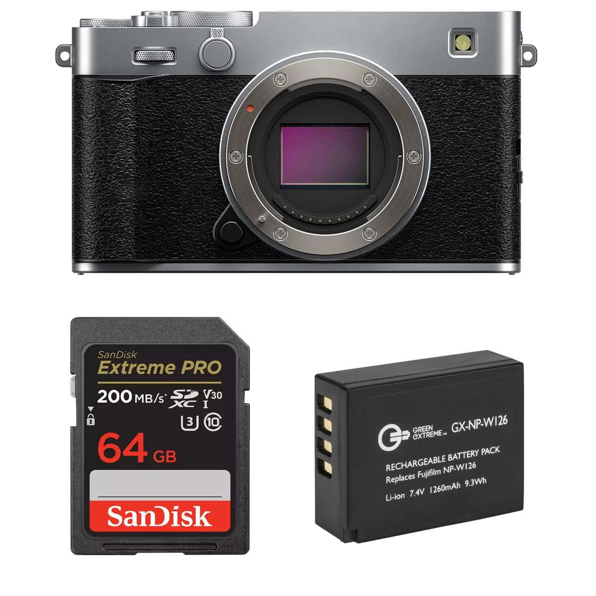FUJIFILM FUJIFILM X-E5 Silver Bundle 64GB Card NP-W126S compact mirrorless camera — product photo