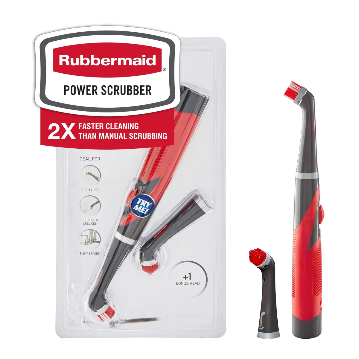 White handheld cordless scrubber with two interchangeable brush heads and battery compartment