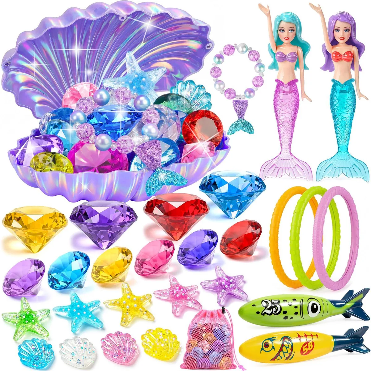 A plastic treasure chest with 29 colourful dive pieces including rings, gems, mermaid and shark toys