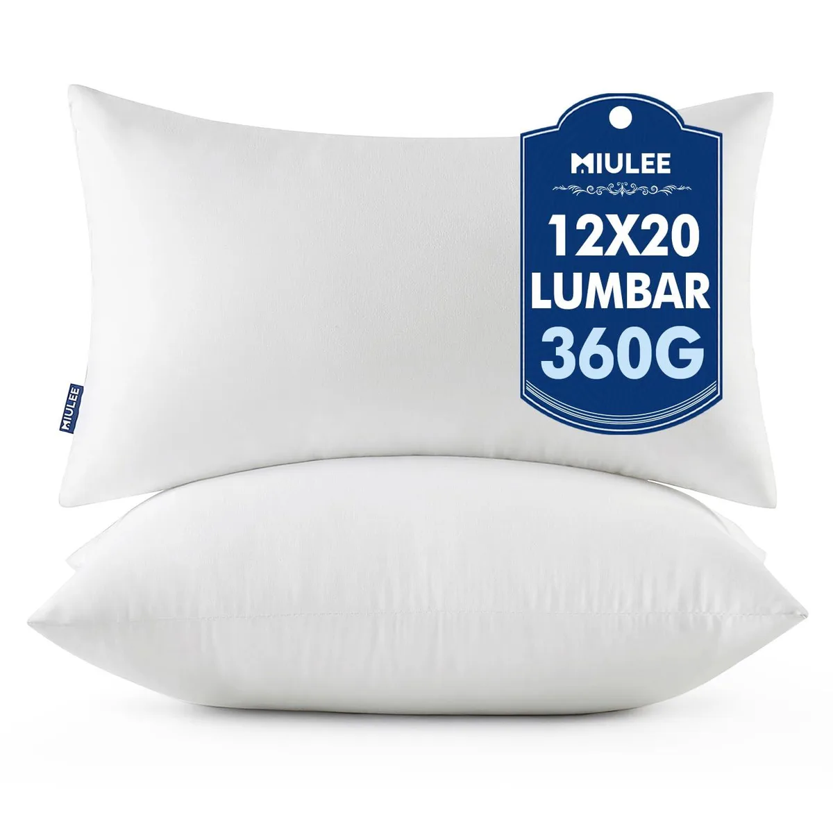 Two white rectangular pillow inserts 12 by 20 inches with brushed fabric cover