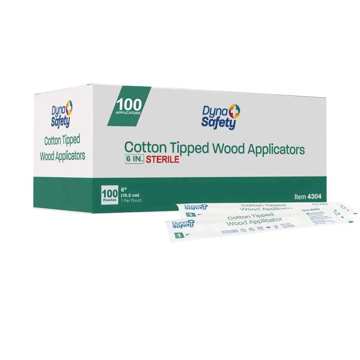Box of 100 sterile cotton-tipped wooden applicators in individual pouches