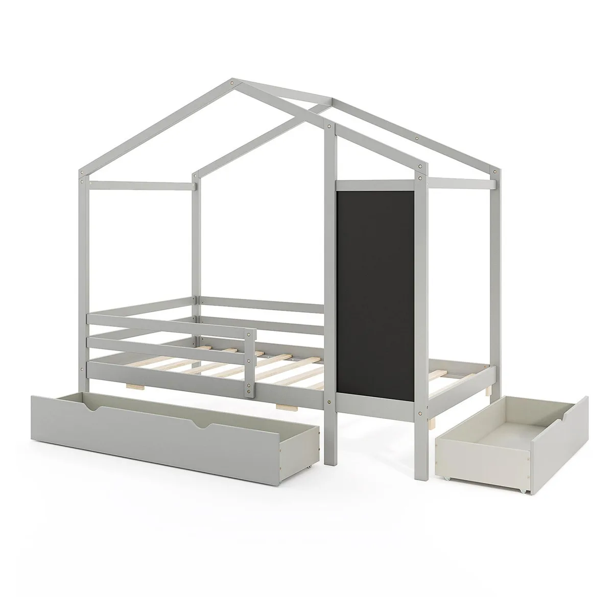 Grey twin house bed with roof frame, blackboard panel, two under-bed drawers, solid wood finish