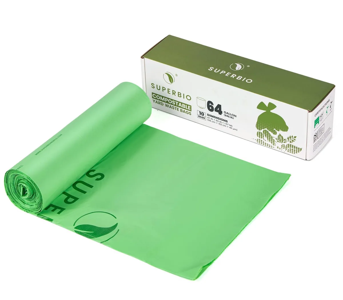 Ten green compostable bags folded flat, 47 by 60 inches, 1.57 mil thick