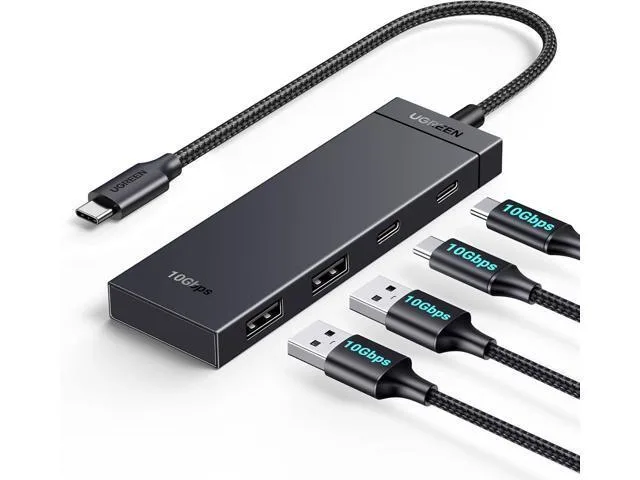 Compact silver rectangular hub with two USB-C and two USB-A ports