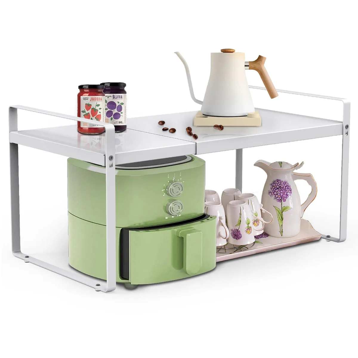 White two-tier expandable cabinet shelf 11 inches deep 14 to 26 inches wide