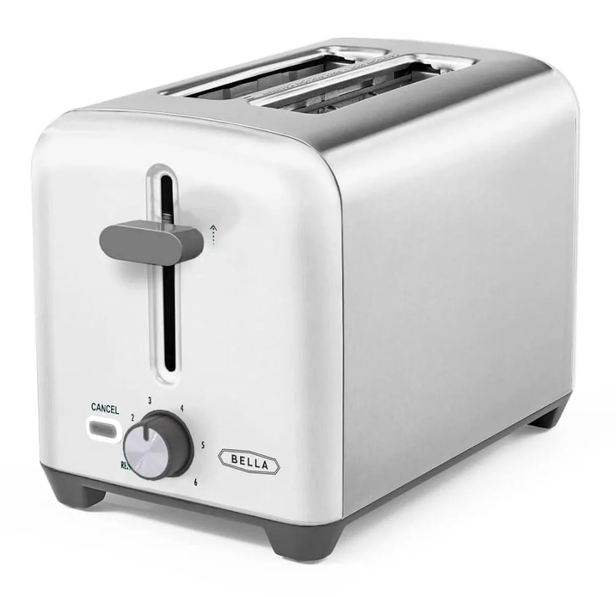 Purple two-slice toaster with brushed stainless steel accents and wide slots