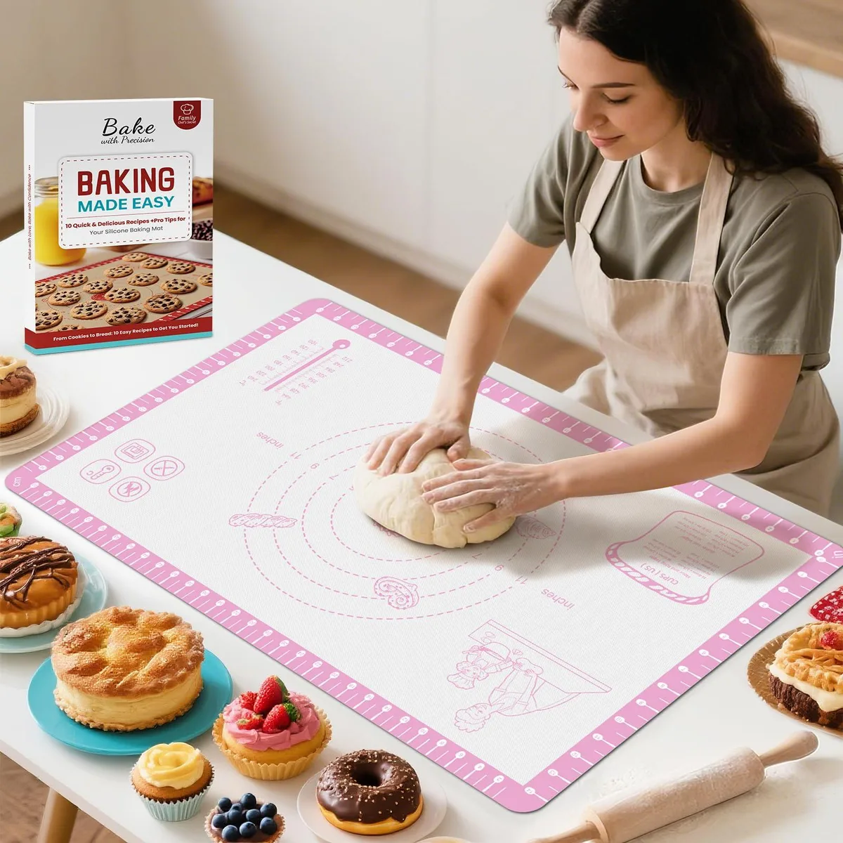 Pink silicone baking mat with grid texture and measurement guides