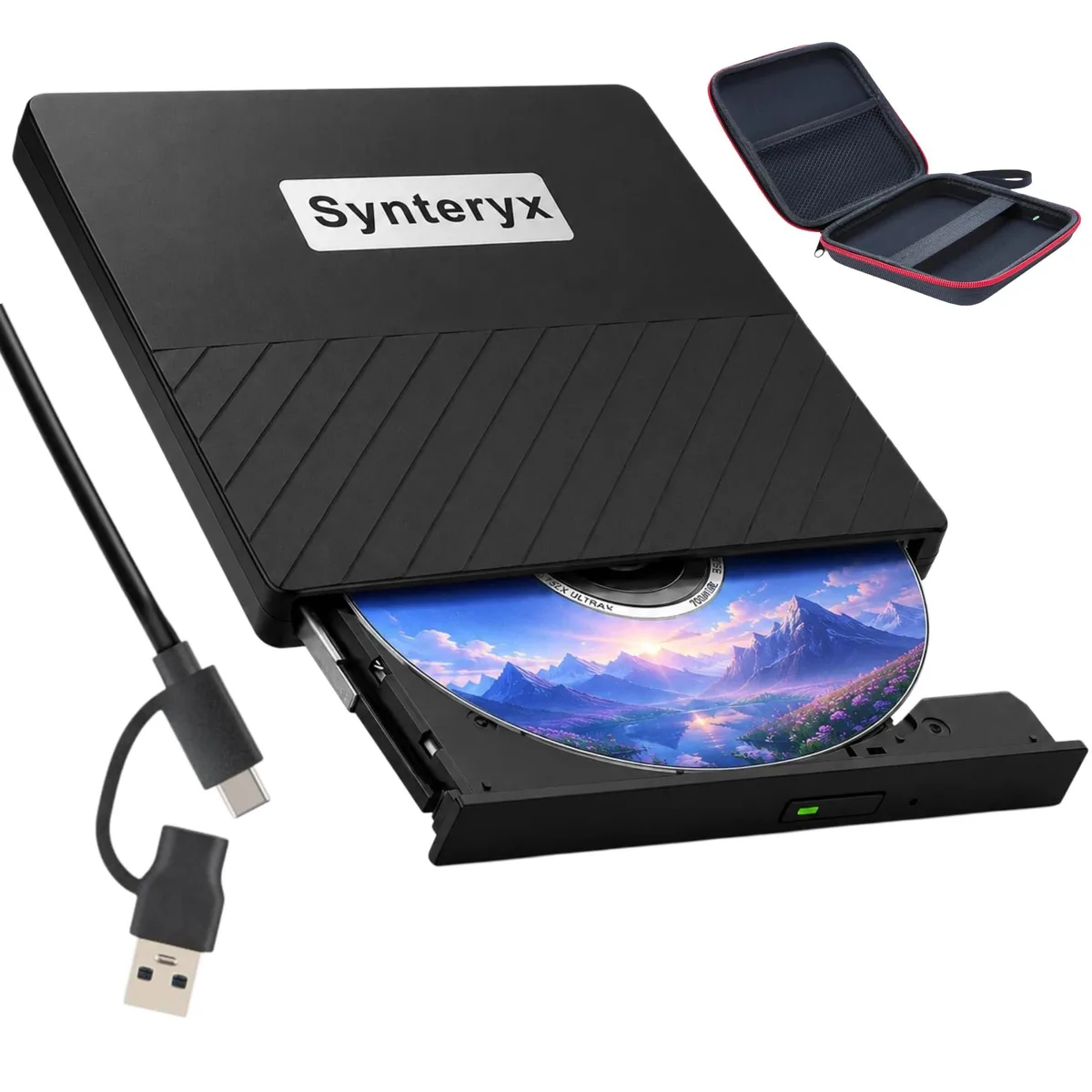 Black twill portable external Blu-ray drive with USB 3.0 cable