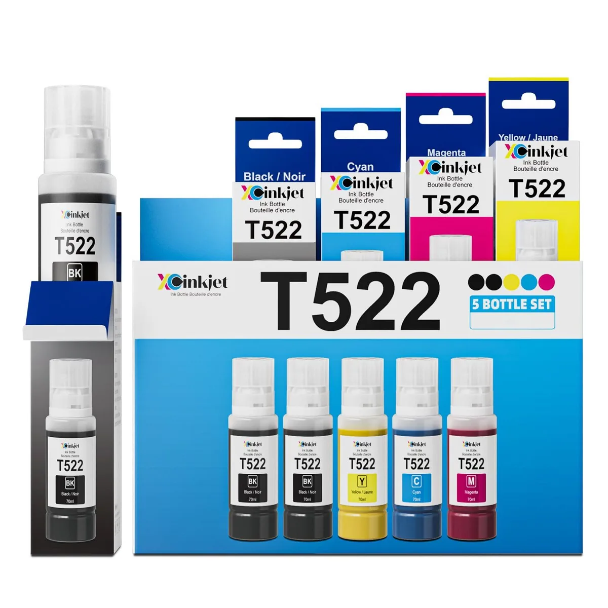 Five square ink bottles with colour-coded caps in black cyan magenta yellow