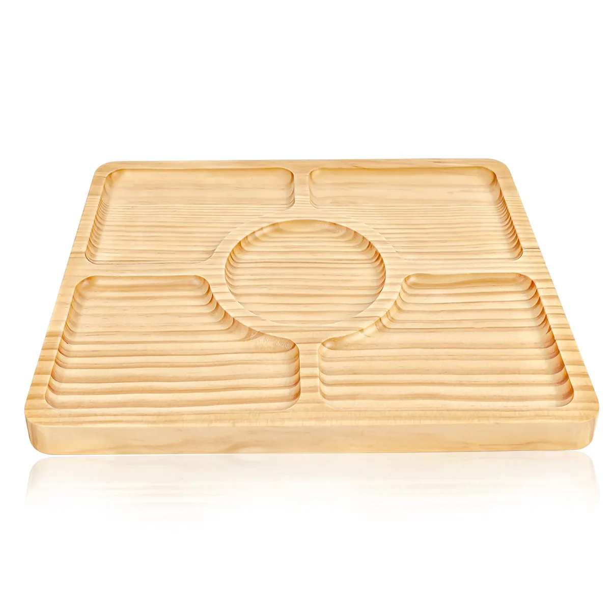 Rectangular pine wood tray with five divided sections, smooth polished finish, 12 by 8.7 inches