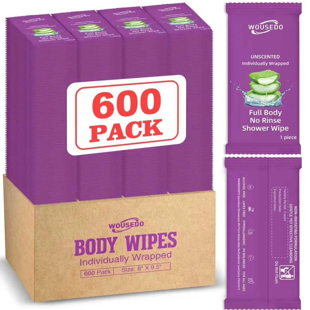 Rectangular white box containing 600 individually wrapped wipes
