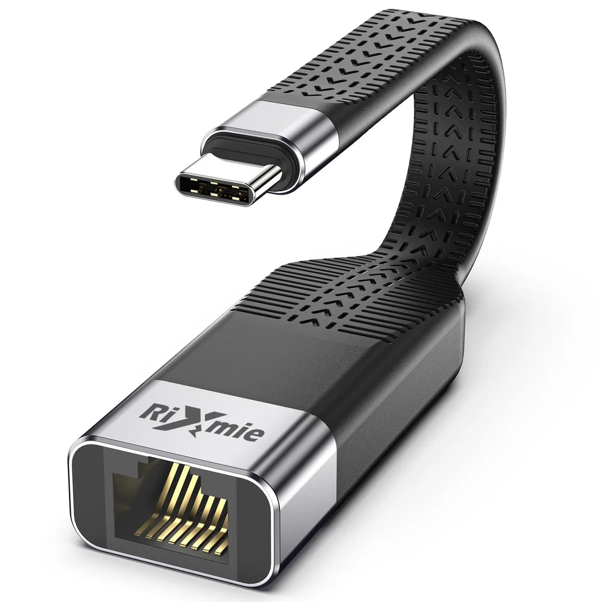 Compact black USB-C to RJ45 adapter with flexible cable