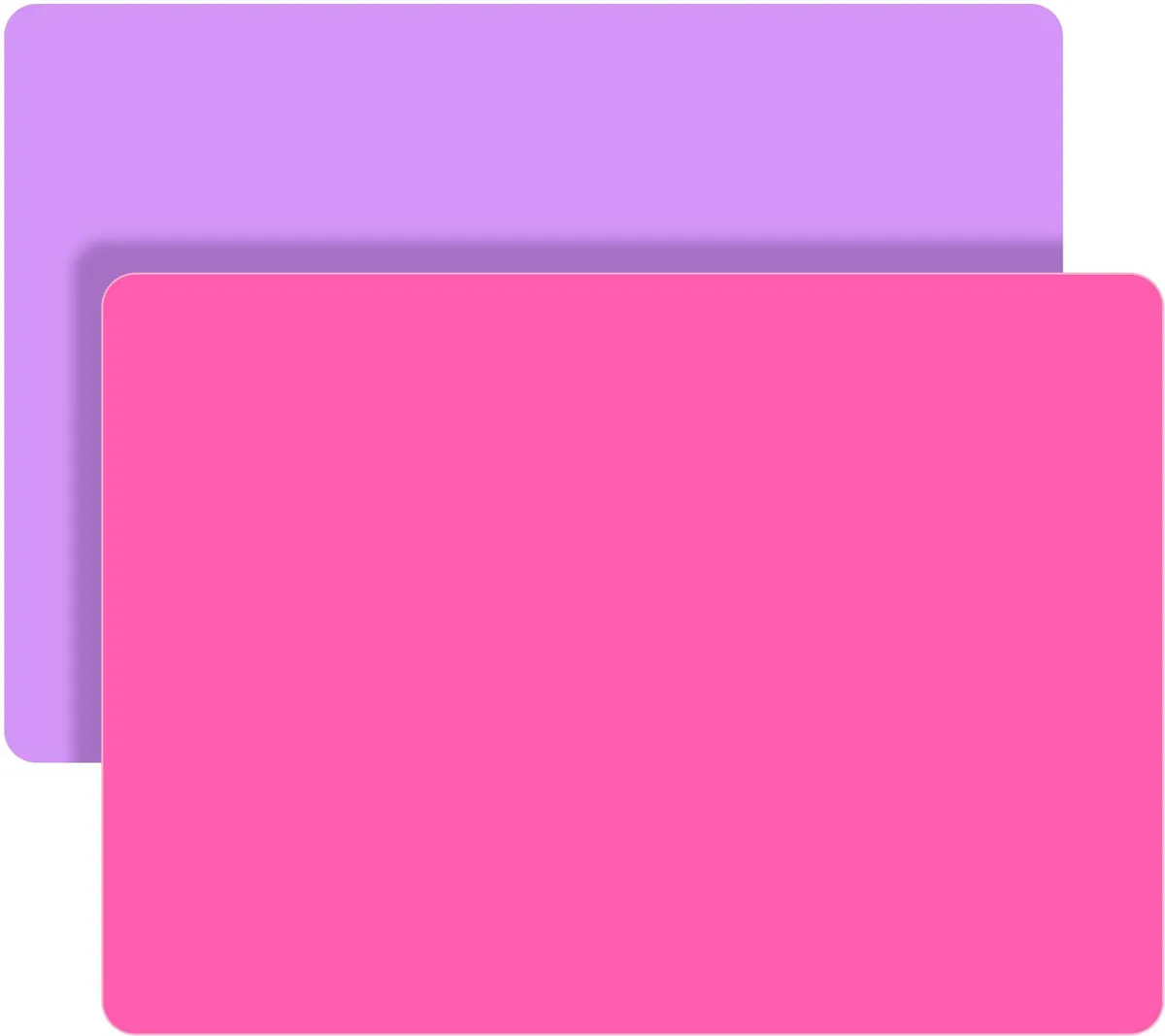 Two rectangular silicone mats, hot pink and light purple, 11.69 by 8.26 inches, soft matte finish