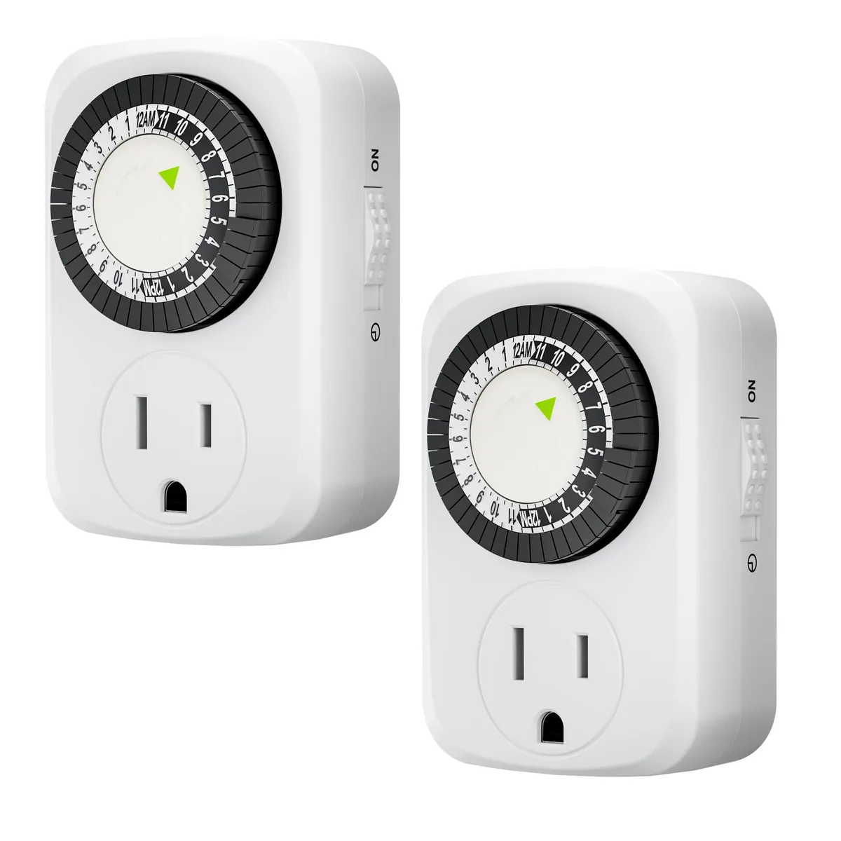 Two compact white mechanical outlet timers with 30-minute interval pins and three-prong plugs
