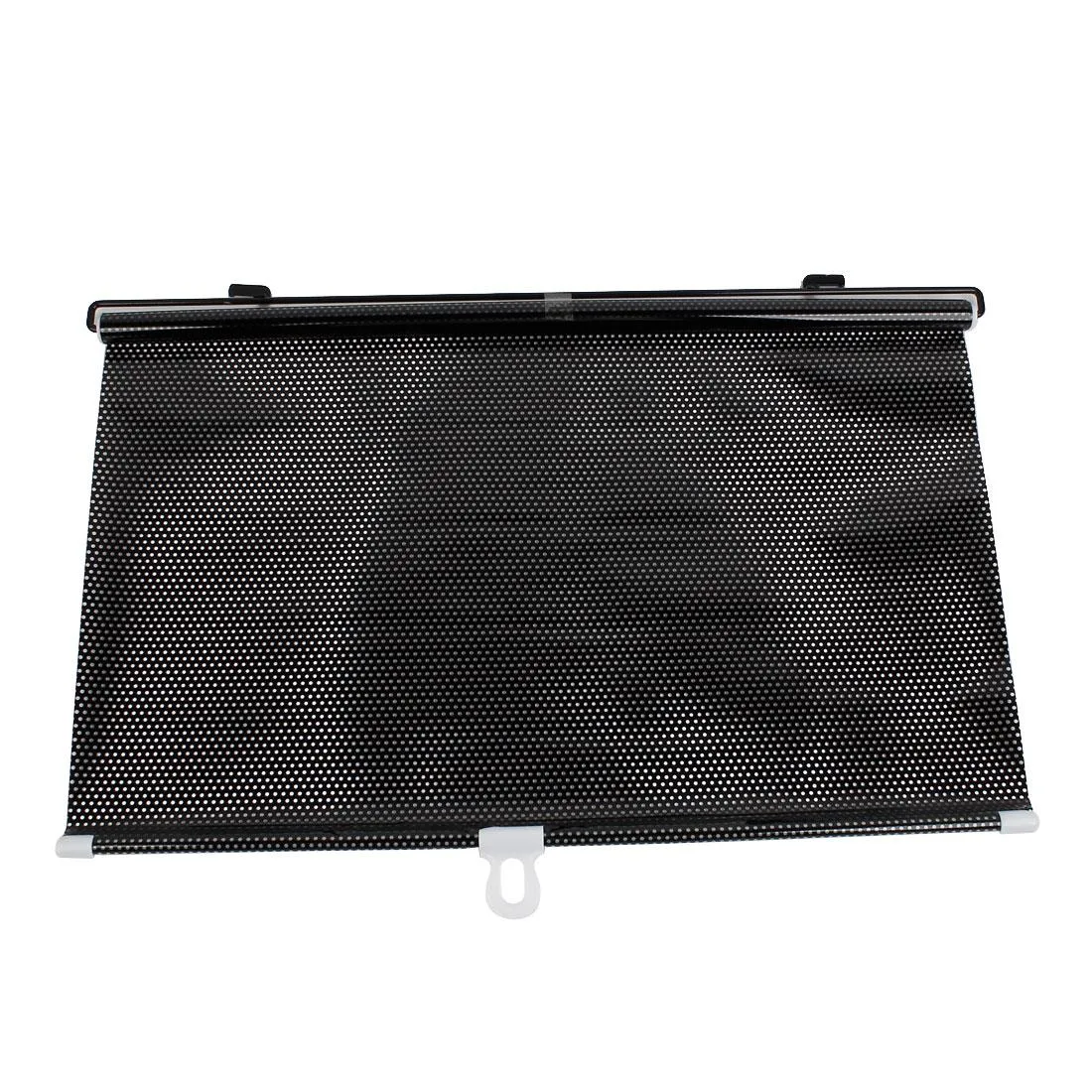 Black retractable car window shade roller with suction cups, 49 by 19.6 inches