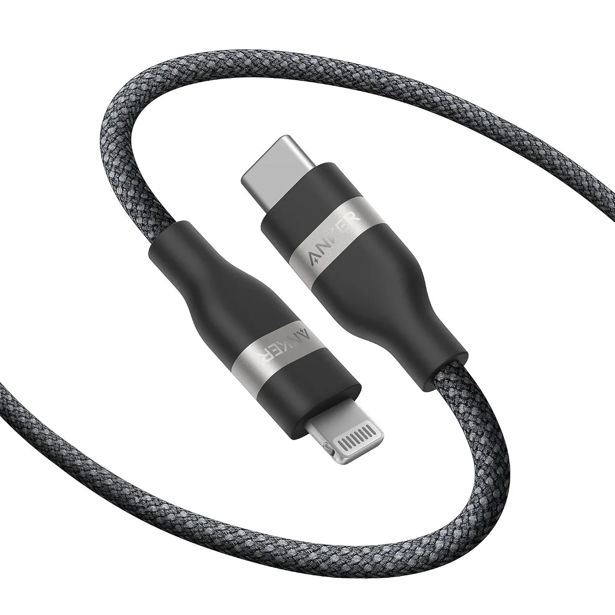 Six-foot USB-C to Lightning cable with braided recycled finish