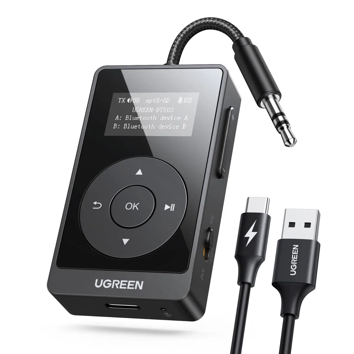 Compact Bluetooth 5.3 adapter with LED display and 3.5 mm jack