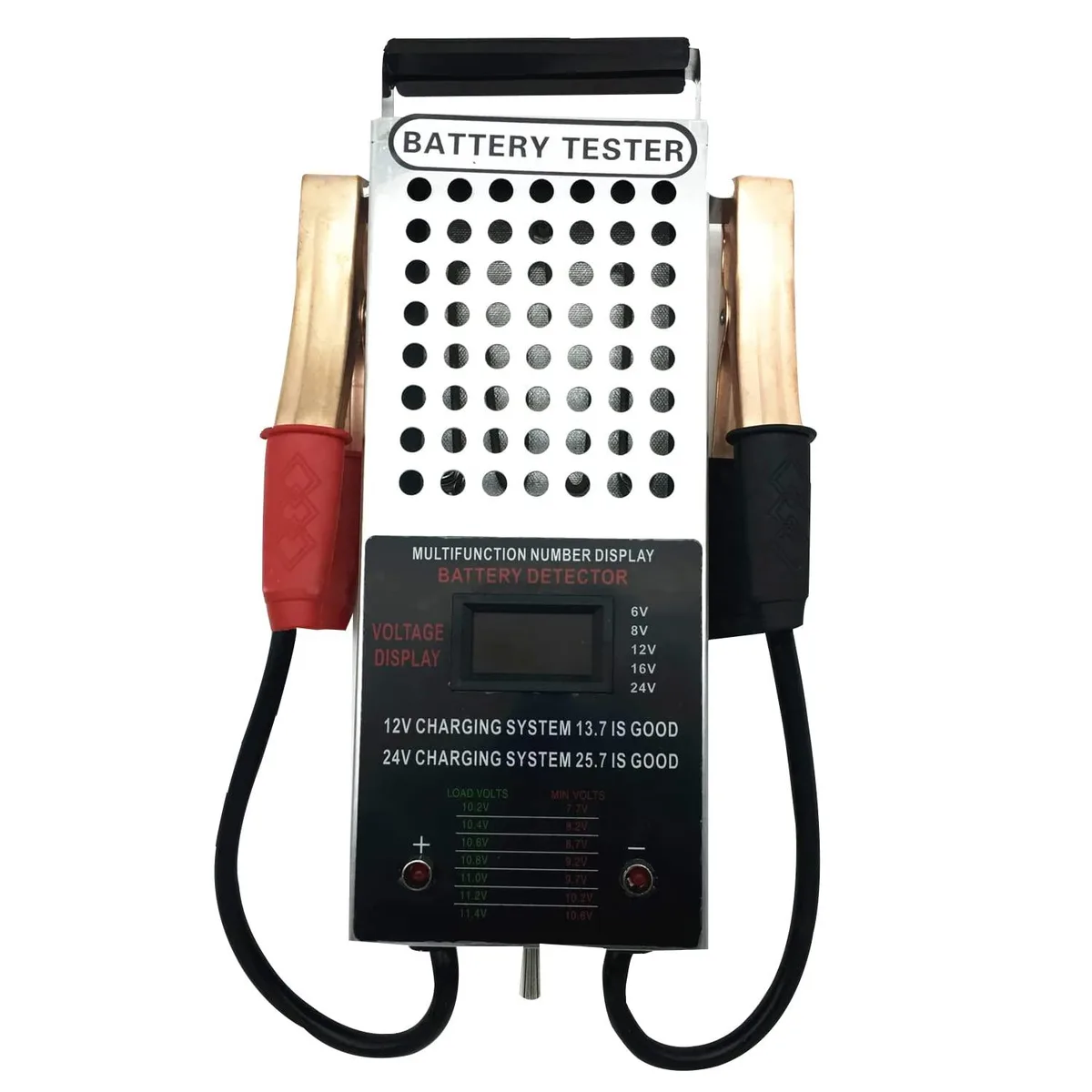 Rectangular grey tester with LCD screen, red and black alligator clips, top carry handle, perforated vents