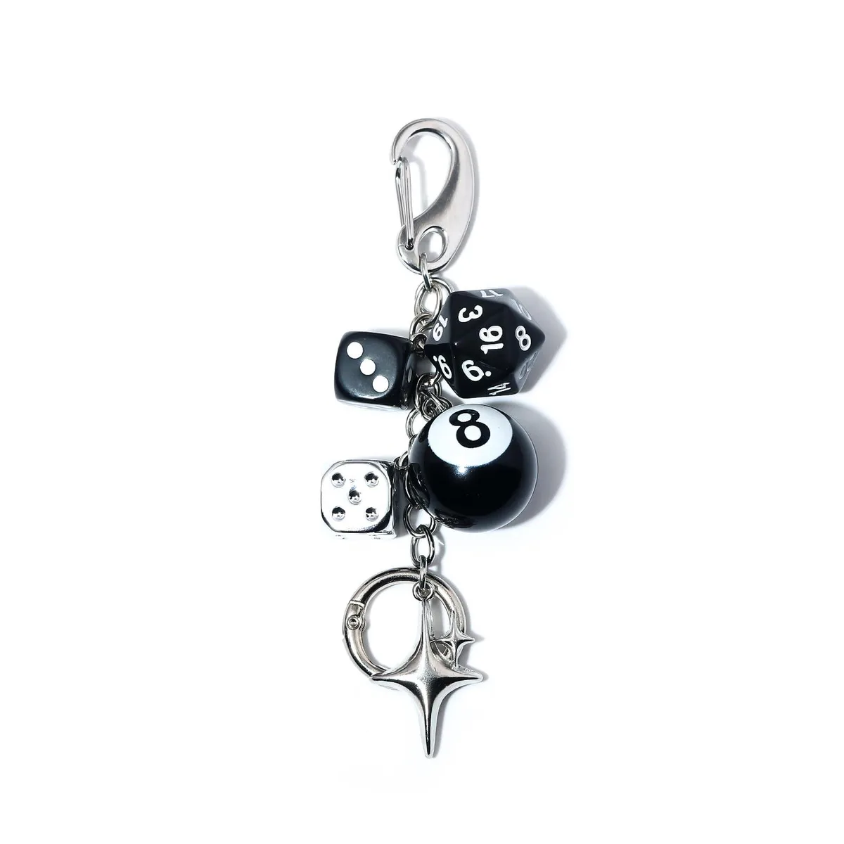 Silver keychain with 8-ball, dice and star charms on clips