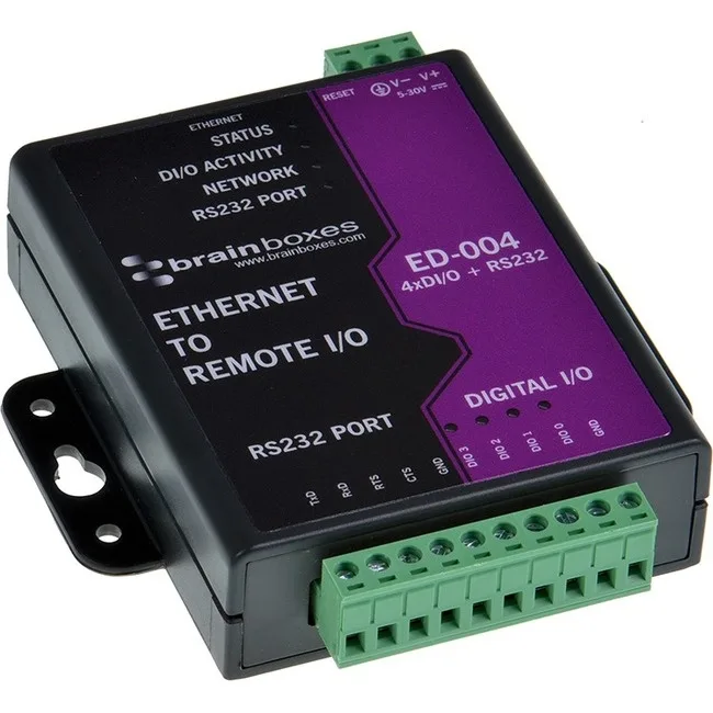 Small metal box with four green terminal blocks and an RJ45 port