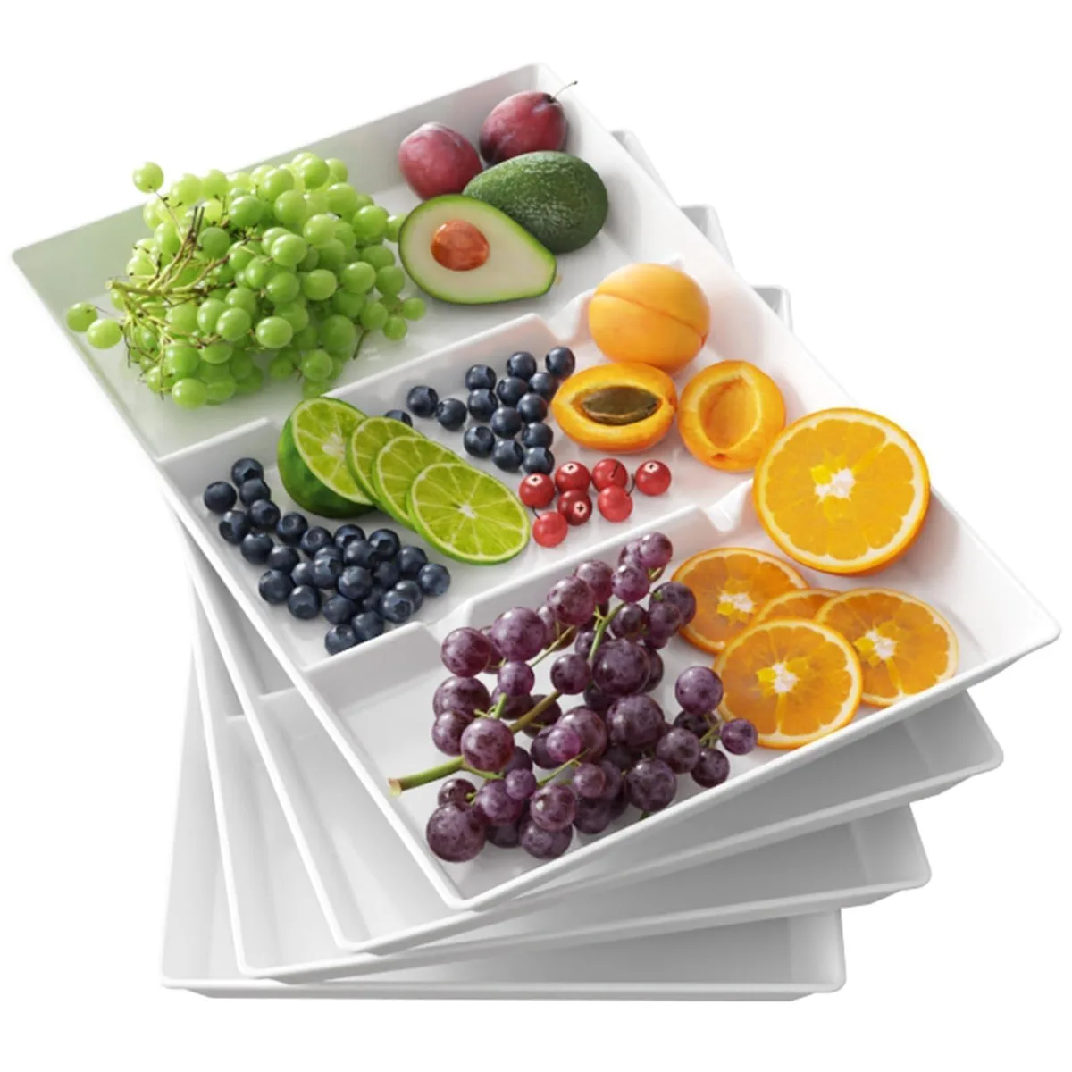 Four white rectangular plastic serving trays with three compartments each, 15 by 10 inches